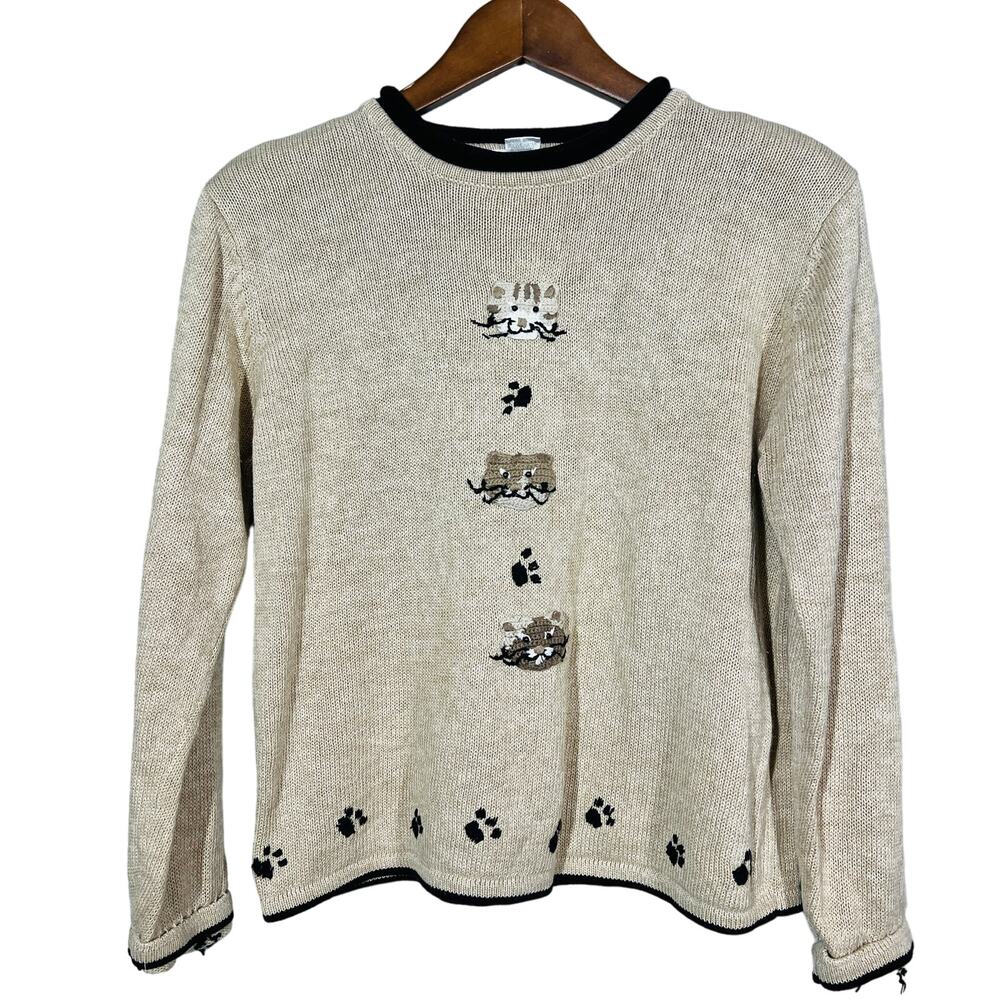 Vintage Hand Embroidered Christopher & Banks Sweater Cats Kitten - S